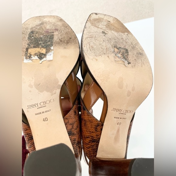 Jimmy Choo Aix 85 Snake Printed Brown Patent leather block heel sandals EU 40 - Picture 6 of 9